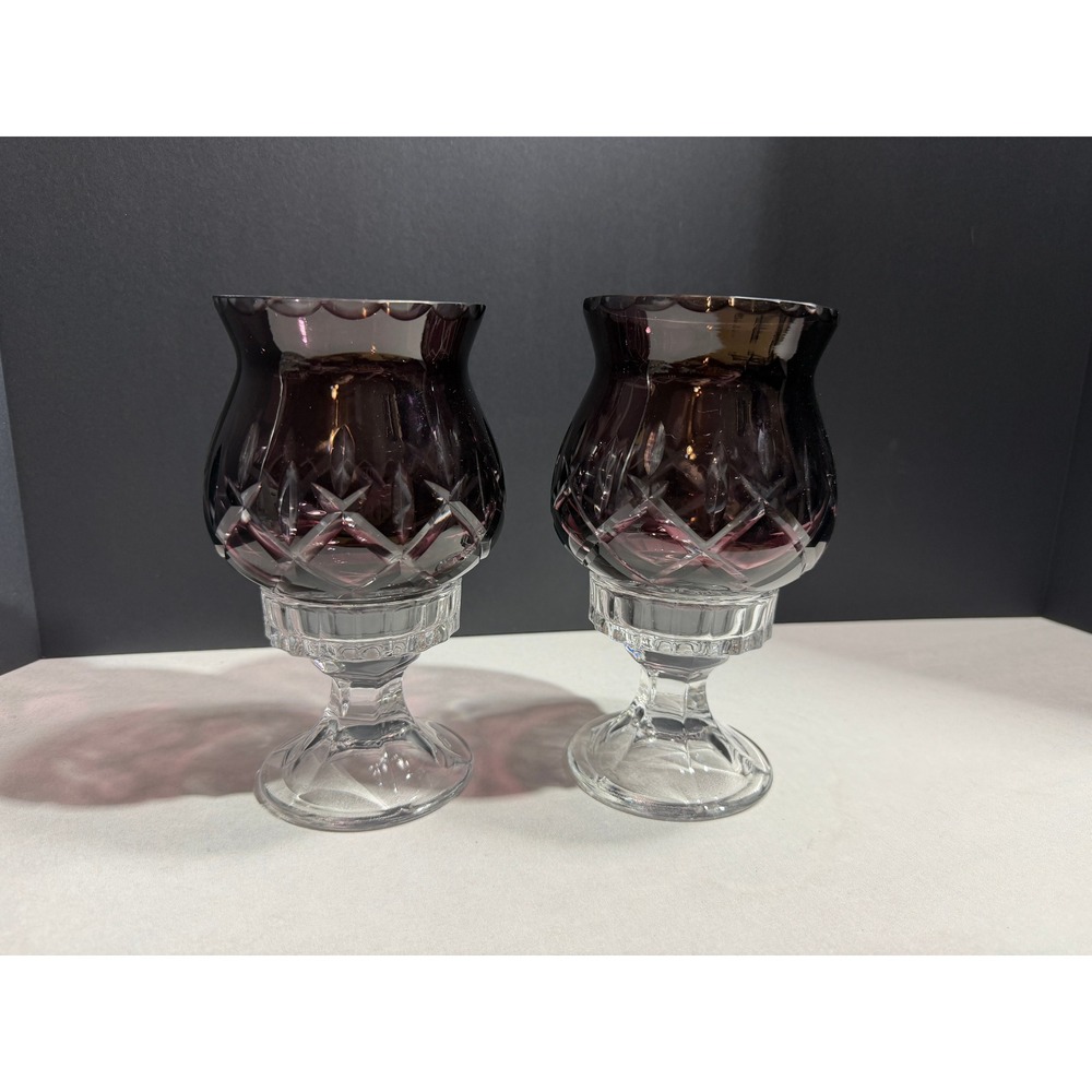 Gorham Crystal Amethyst Purple Glass Votive Candle Holders Set of 2 Diamond Cut